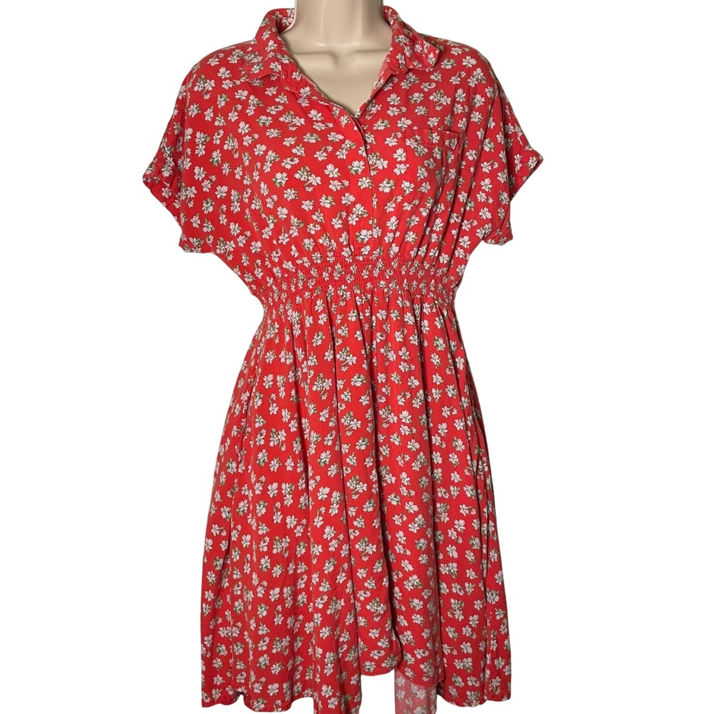 Rio Red Floral Mini Shirt Dress with Pockets Size Large Smocked‎ Cottagecore